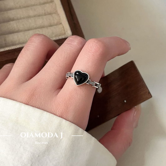 Linked Chain Ring with Enamel Heart