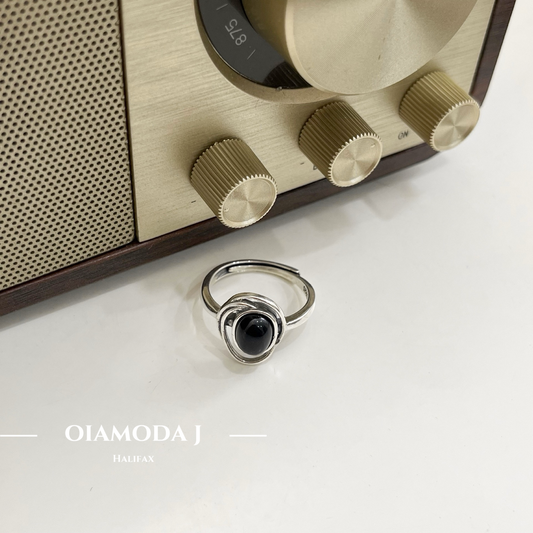 Modern Lines Sterling Silver Ring with Onyx and Emerald Stones