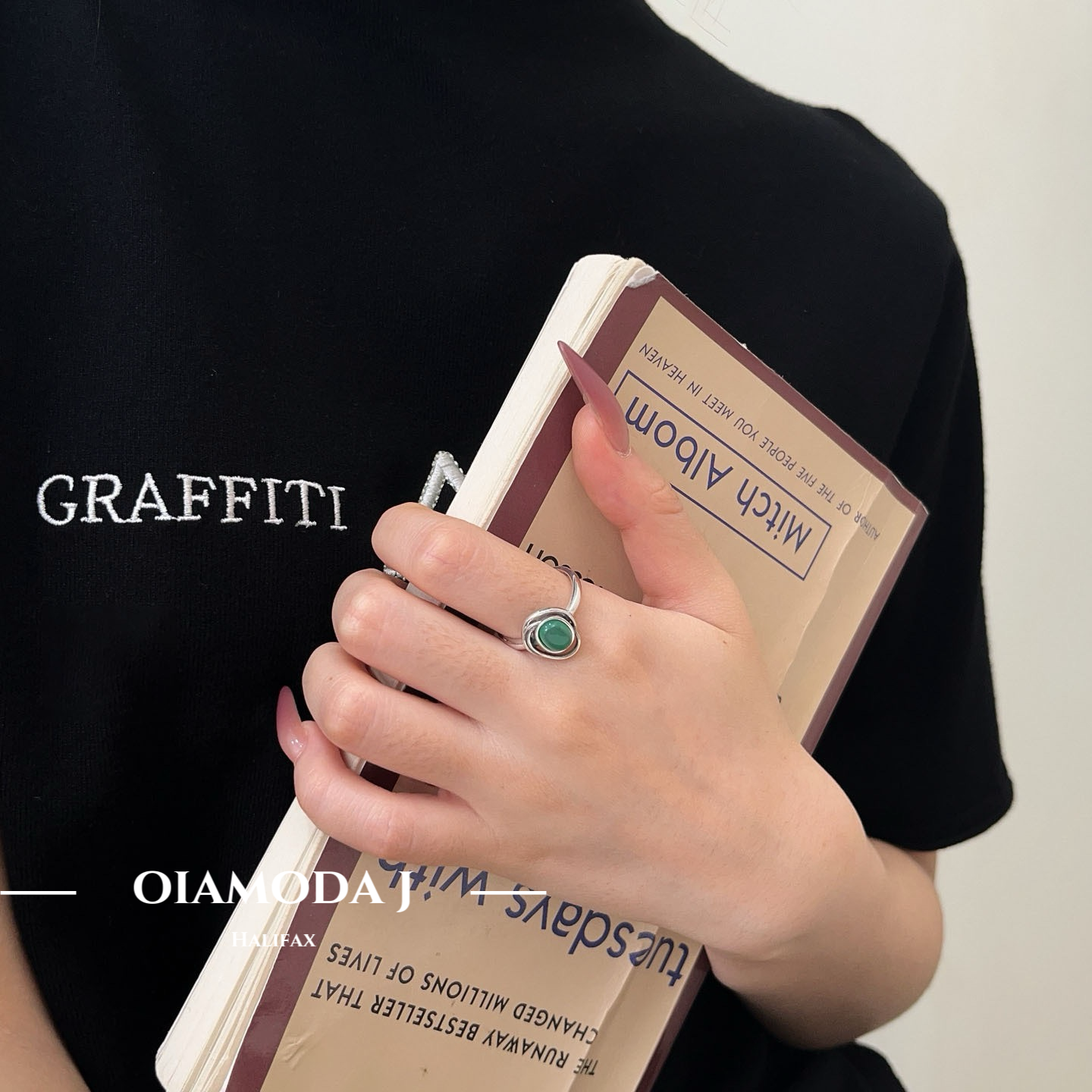 Modern Lines Sterling Silver Ring with Onyx and Emerald Stones