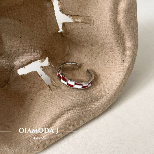 Red & White Chess Pattern Enamel Sterling Ring